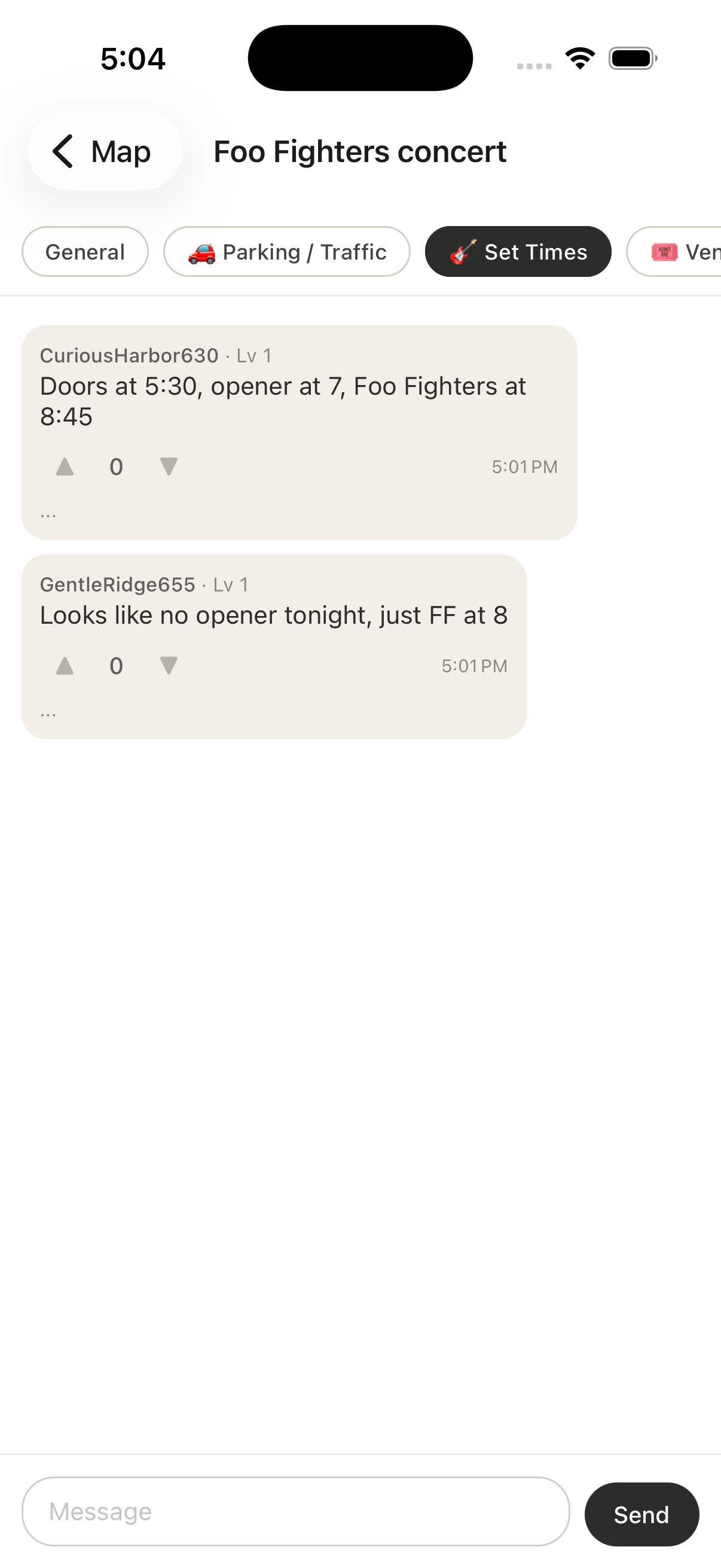 Conversation screen showing the Set Times topic thread within a large concert chat