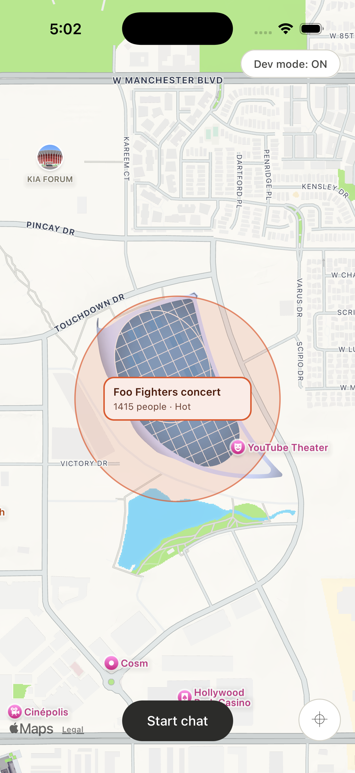 Map screen showing a 1,400+ person concert chat with a to-scale radius ring covering SoFi Stadium